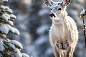A photograph of a white-tailed deer standing in a snowy boreal forest, with a blurred background of snow-covered trees