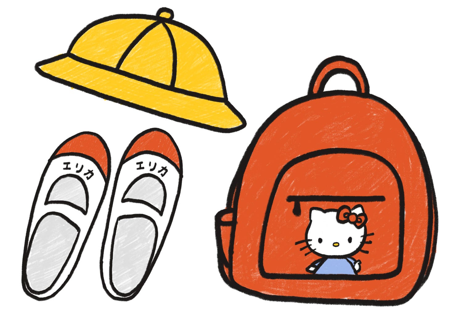 An illustration of a bright yellow hat, red Hello Kitty backpack, and red and white canvas slippers with Erika's name written in Japanese.