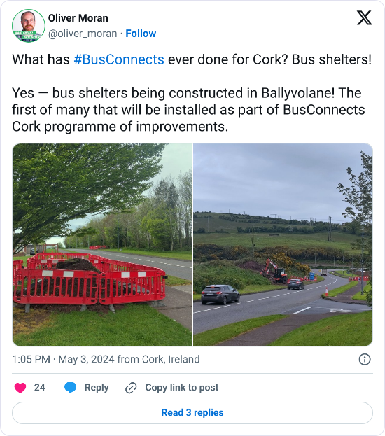 A tweet with the text, "What has #BusConnects ever done for Cork? Bus shelters! Yes — bus shelters being constructed in Ballyvolane! The first of many that will be installed as part of BusConnects Cork programme of improvements."