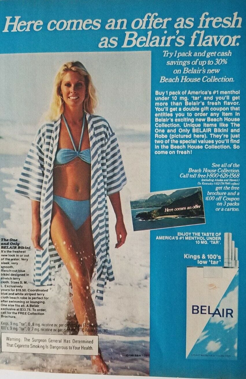 1982 Belair cigarettes blond blue bikini bathing suit smoking vintage ad |  eBay