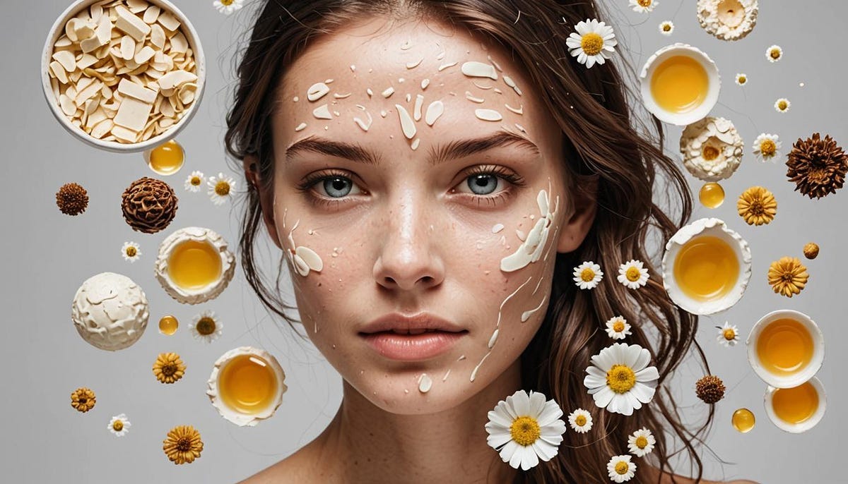 woman’s face with creams and flowers in artistic impression of skin care.