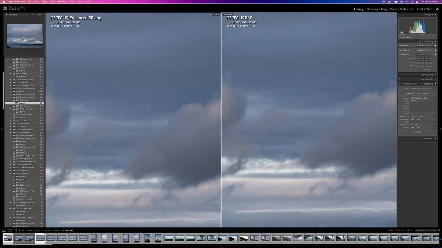 Lightroom Enhance Super Resolution vs. Denoise