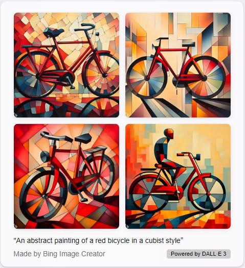 Four-grid image of Bing images (by DALL-E 3) of cubist bikes