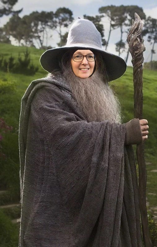 badly edited photo of janes face  superimposed on a picture of Gandalf with a walking stick