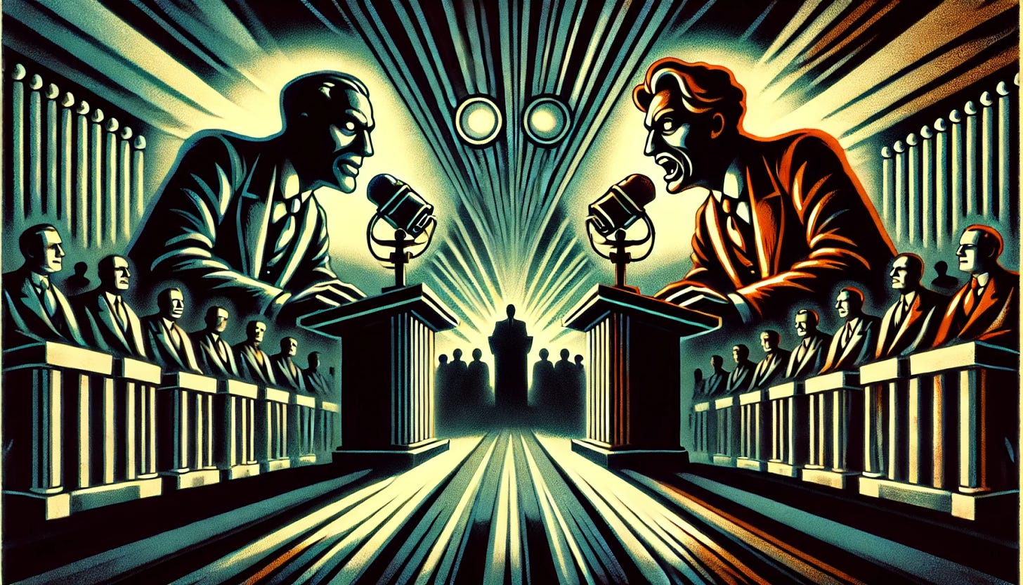 A sinister Art Deco style illustration with an expressionist influence, depicting the essence of the given text about electoral debates. The scene features two political candidates debating on a stage, backlit with harsh, bright lights that create dramatic silhouettes and deep shadows. The viewpoint is close, emphasizing the exaggerated and intense expressions of the candidates. The audience is barely visible in the shadows, and the background includes stylized, ominous media elements like cameras and microphones. The colors are dark and muted, with a foreboding atmosphere, reflecting an unsettling and ominous mood.