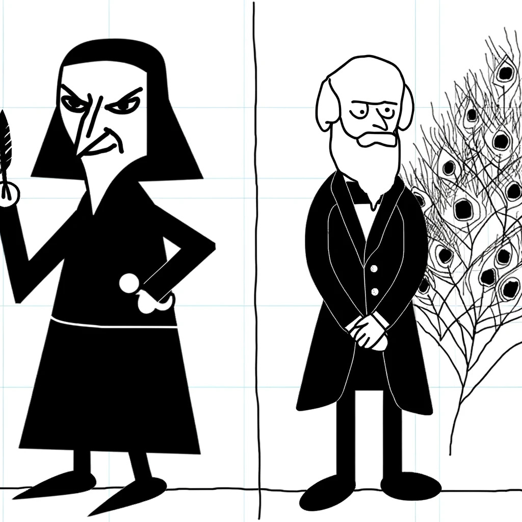 A stick figure-like cartoon image blending the essence of Machiavelli, Darwin, and a peacock's tail. Machiavelli is depicted with a cynical and sinister expression, a sly smirk, holding a quill and a book, and dressed in dark Renaissance attire, conveying a shadowy and amoral presence. Darwin is shown in Victorian clothing, observing nature with a magnifying glass. The background features simplified patterns and shapes of a peacock's tail, maintaining the essence of beauty and complexity. The stick figures are simple yet expressive, capturing the key characteristics and resemblances of both figures in a playful and minimalist style.