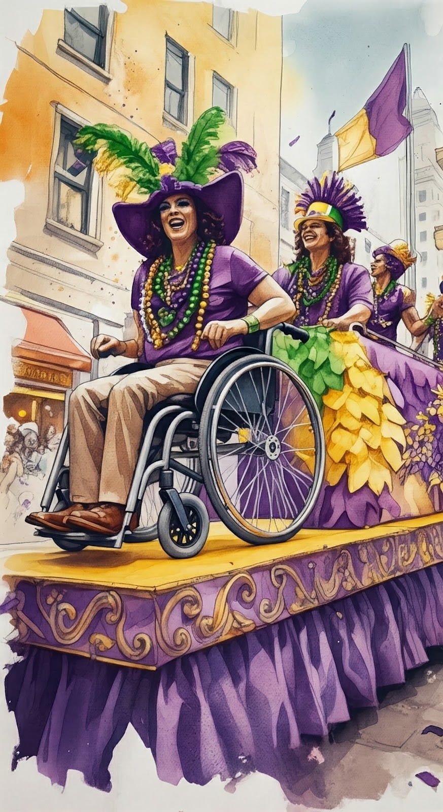 Image of wheelchair float in Mardi Gras