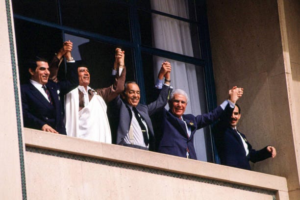 View, from below, of the leaders of five North African countries as they celebrate the formation of the Maghreb Union, Marrakesh, Morocco, June 6,... View, from below, of the leaders of five North African countries as they celebrate the formation of the Maghreb Union, Marrakesh, Morocco, June 6,...