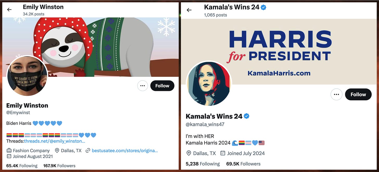 screenshots of the profiles of the @emywinst and @kamala_wins47 X accounts