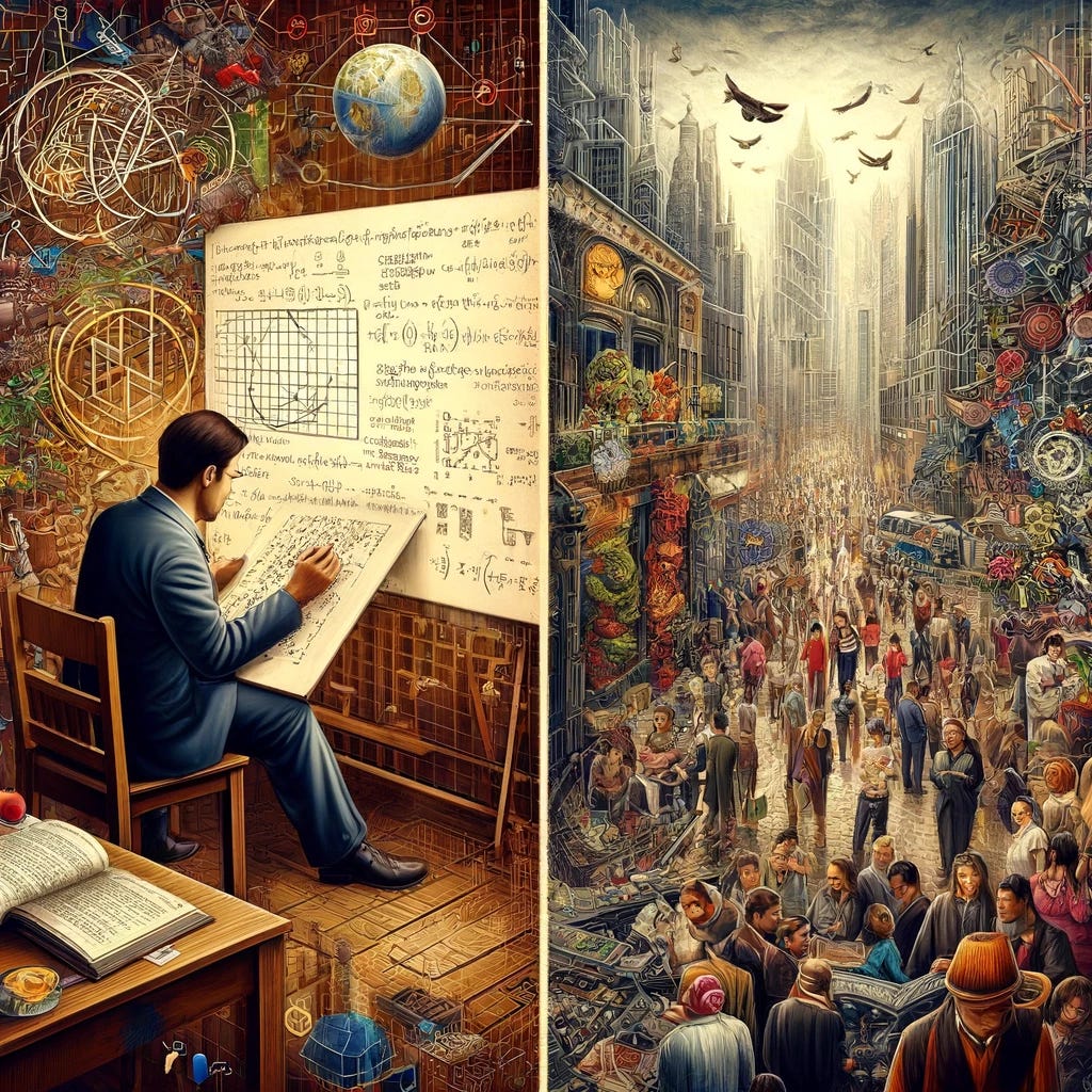 Create an artistic representation suitable for an essay discussing the necessity of replicability in knowledge production, focusing on Mathematics and Economics. The artwork should depict two contrasting scenes. On one side, a mathematician in a traditional study, surrounded by mathematical symbols and geometric shapes, embodies the discipline's reliance on logic and replicable proofs. This mathematician is focused, demonstrating a proof with clarity and precision. On the other side, an economist stands in a bustling market, surrounded by diverse people and chaotic elements of economic activity, symbolizing the empirical and unpredictable nature of economic studies. This economist is observing and taking notes, reflecting the challenges of achieving replicability in such a dynamic field. The artwork should visually contrast the structured, orderly world of Mathematics with the complex, variable world of Economics.