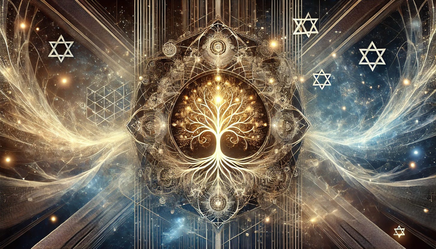 A sophisticated and inspiring banner image capturing the themes of spiritual awakening, conscious evolution, and the Jewish mystical concept of Tikkun Olam. The design features a radiant Tree of Life symbol, glowing with golden sparks, representing divine harmony and the gathering of potential. Surrounding the tree are abstract fractals and geometric patterns symbolizing interconnectedness and infinite possibility, set against a cosmic backdrop of deep blues, silvers, and soft golds. Incorporate subtle Hebrew script motifs to honor the cultural roots, blending tradition with a forward-thinking, innovative aesthetic. The overall tone should be majestic, visionary, and inviting, evoking both ancient wisdom and futuristic aspirations.