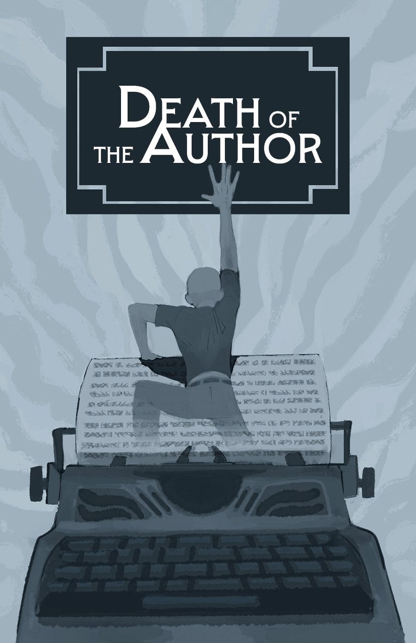 The cover art of Death of the Author illustrated by Victor Winter. Depicts a person coming out of a typewriter, reaching towards the sky. Their back faces the viewer. The entire cover is in shades of blue gray. The title "Death of the Author" is in white text and sits inside a bookplate above the character. The character's hand reaches over the bookplate, just touching the word "Author"