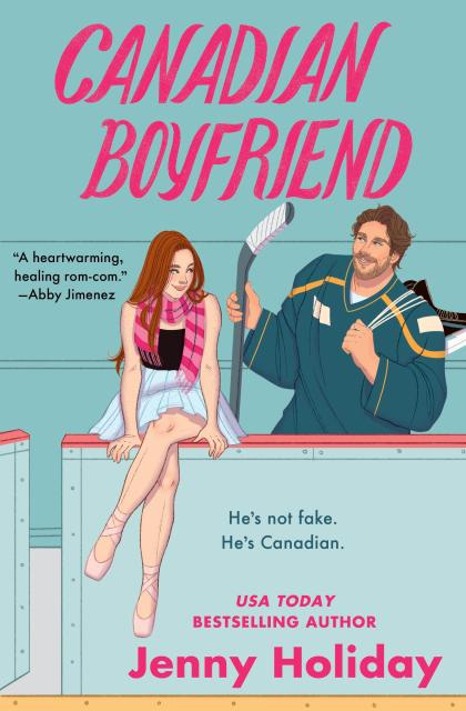 Cover for Canadian Boyfriend book by Jenny Holiday, showing a woman wearing a scarf and ballerina shoes sitting next to a hockey player