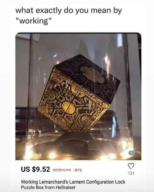May be an image of text that says 'what exactly do you mean by "working" 1/7 US $9.52 비-승가해가이 -41% Working Lemarchand's Lament Configuration Lock Puzzle Box from Hellraiser 131'
