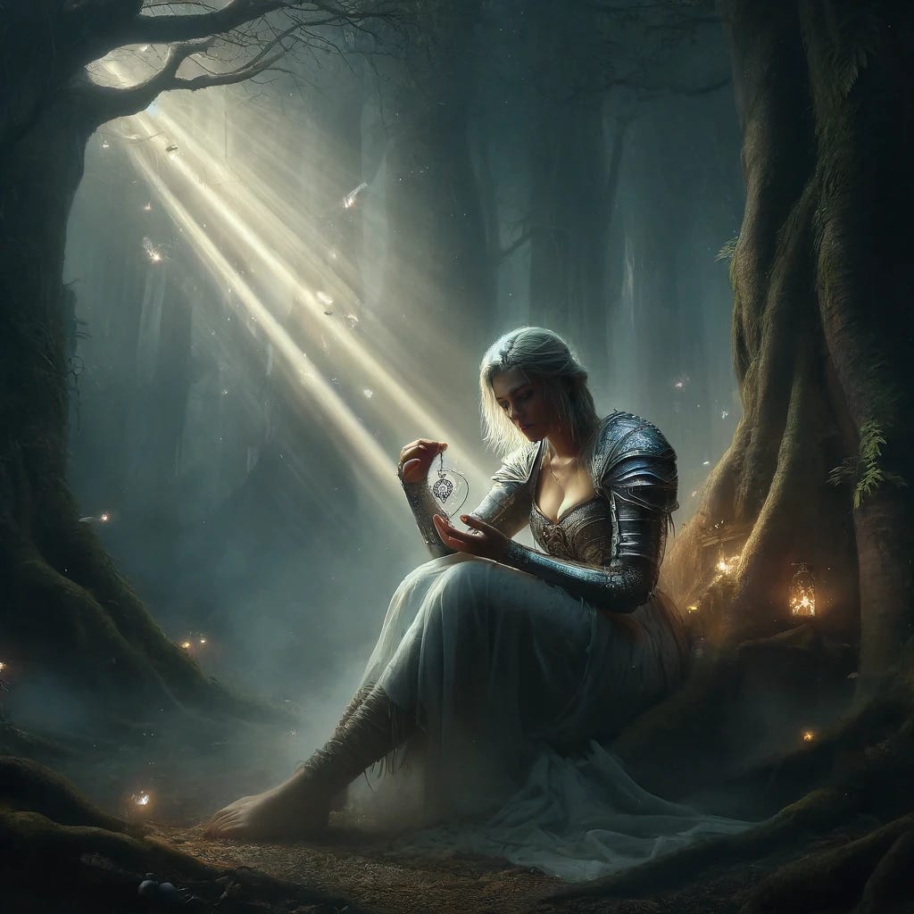 In this scene, The Wounded Dreamer is depicted sitting in a secluded corner of Mirrormere's enchanted forest, surrounded by ancient, towering trees that seem to guard her solitude. The forest is dimly lit, with rays of light piercing through the foliage, symbolizing moments of clarity and hope amidst her struggles. She's holding a delicate, silver-threaded locket that glows softly, symbolizing the memories and emotional wounds she carries. The expression on her face is one of contemplation and resilience, reflecting her inner strength and the journey towards healing. Ethereal wisps of light float around her, representing her coping mechanisms—art, spirituality, and dreams—as sources of solace and escape. Her attire, a mix of armor pieces and a flowing gown, symbolizes her battle with her wounds and her protective mechanisms against further emotional pain.