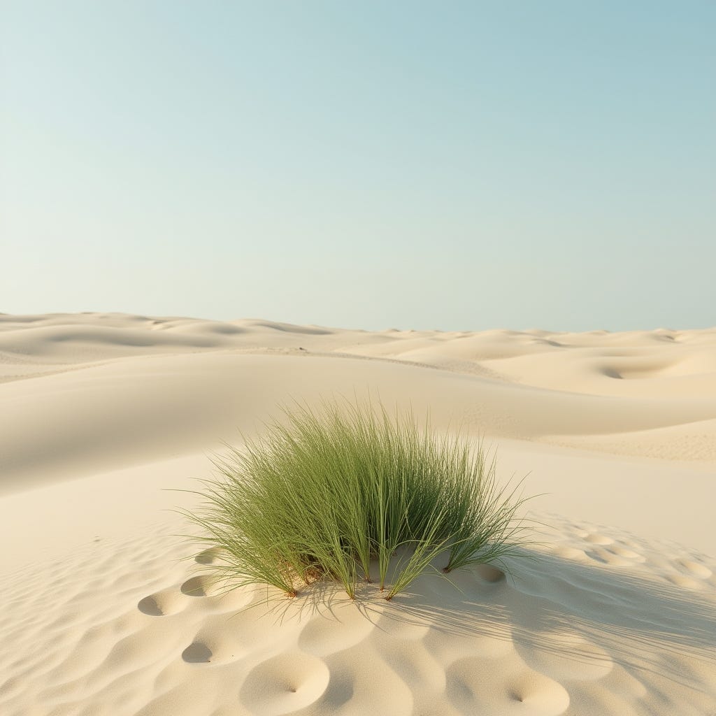 One tuft of grass in an endless sea of sand dunes