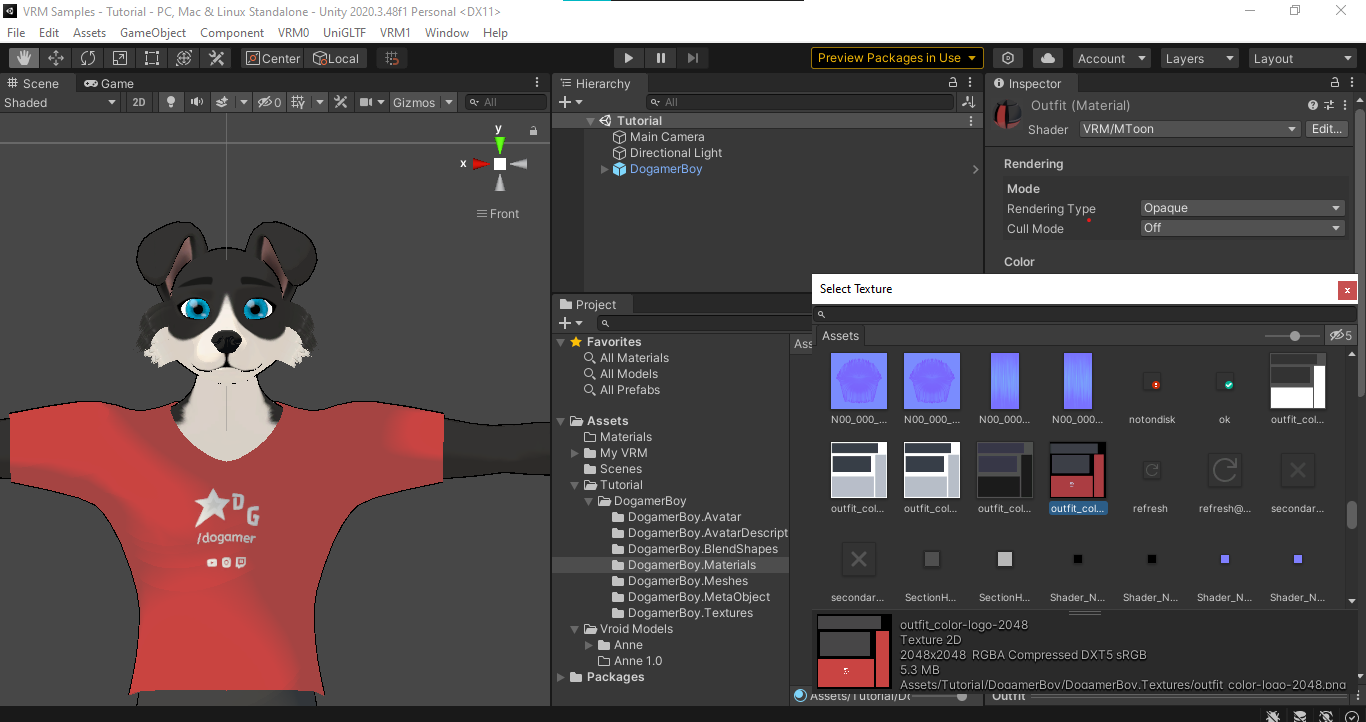 Model sample (Dogamer Boy) preview, with the new outfit texture in Unity scene