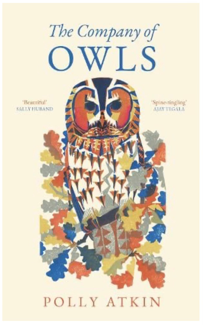 image of the book cover, blue title text at the top and author name in orange at the bottom, with a central large image of a tawny owl amongst oak leaves in blues, oranges, yellows and browns, all on a pale cream flat background.