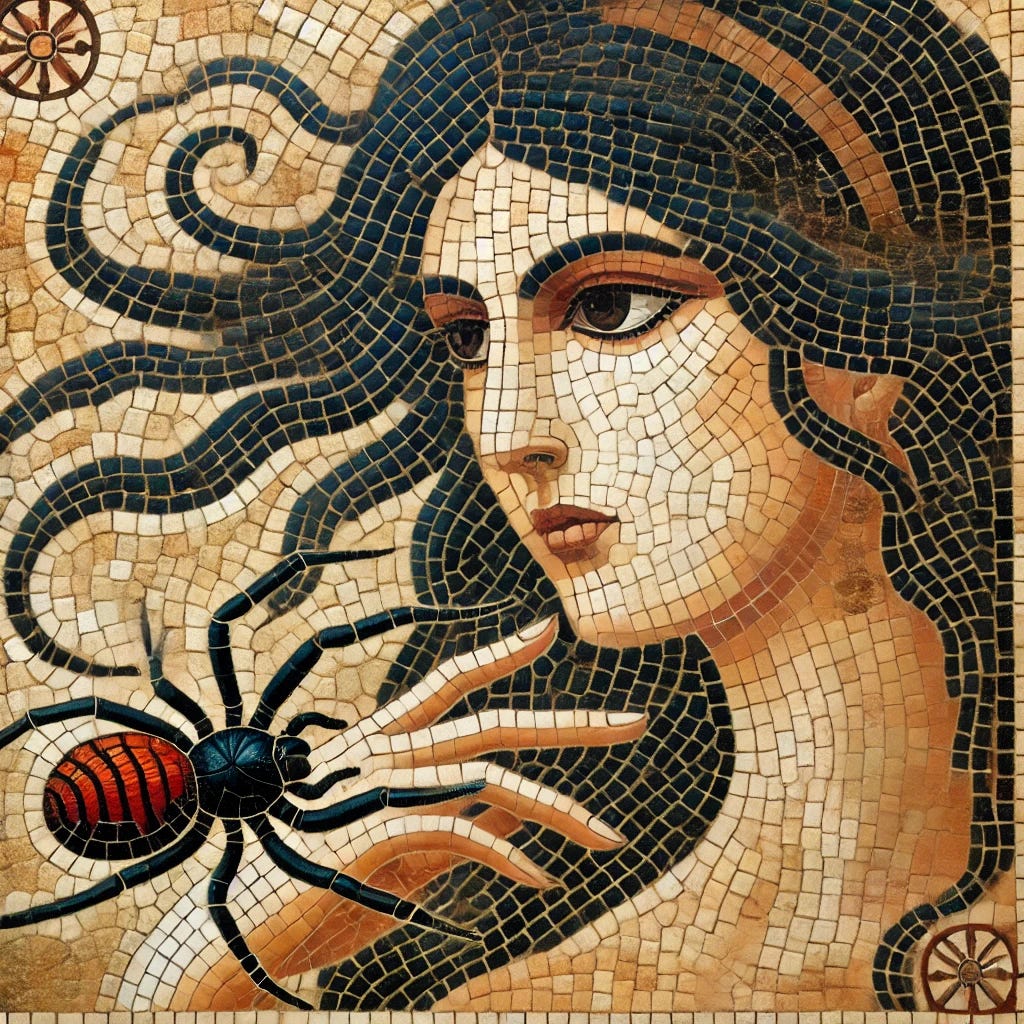 An ancient-style mosaic depicting a dark-haired woman and a black widow spider. The woman has intricate facial features and flowing dark hair, portrayed in an elegant and mysterious manner using traditional tesserae. Next to her, the black widow spider is prominently displayed, with its segmented body and distinctive red hourglass marking. The mosaic is rendered in earthy tones with vivid highlights, creating a textured and dramatic visual. The background features subtle geometric patterns, typical of ancient mosaic art, adding depth and context to the scene.