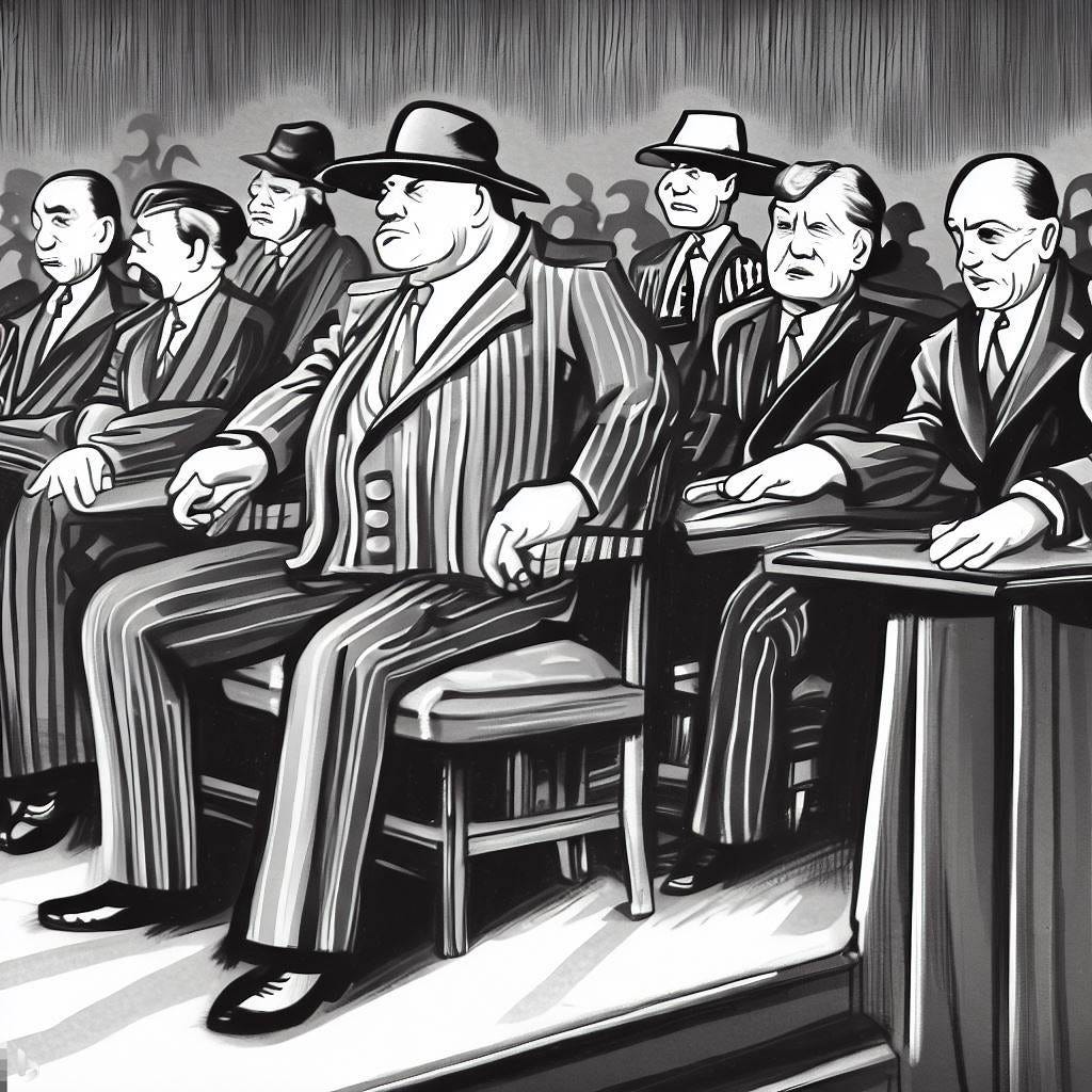 Mob bosses on trial for racketeering, 1930s style cartoon
