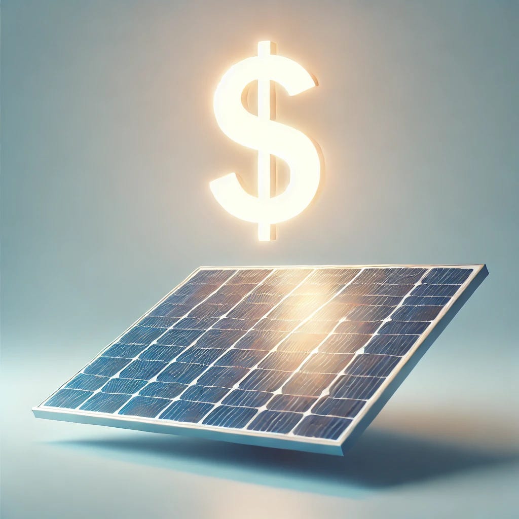 A clean and minimalistic image featuring a single solar panel with a large glowing dollar sign hovering above it. The background is a light gradient to emphasize simplicity, and the focus is on the connection between solar energy and financial gain. The solar panel should be modern, and the dollar sign should be bold and prominent, with a soft glow to symbolize financial opportunity.