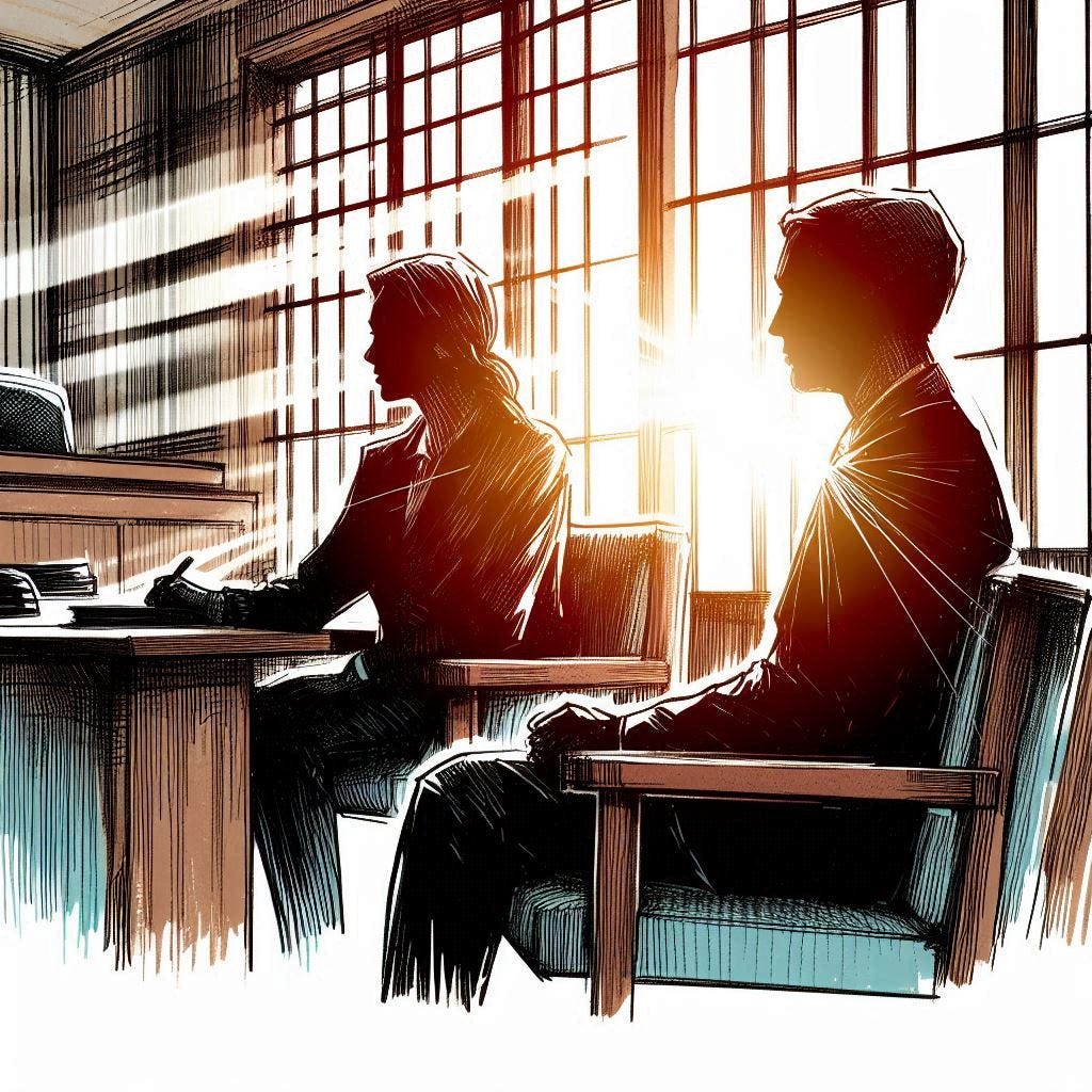 Two people in courtroom. Image by Bing.