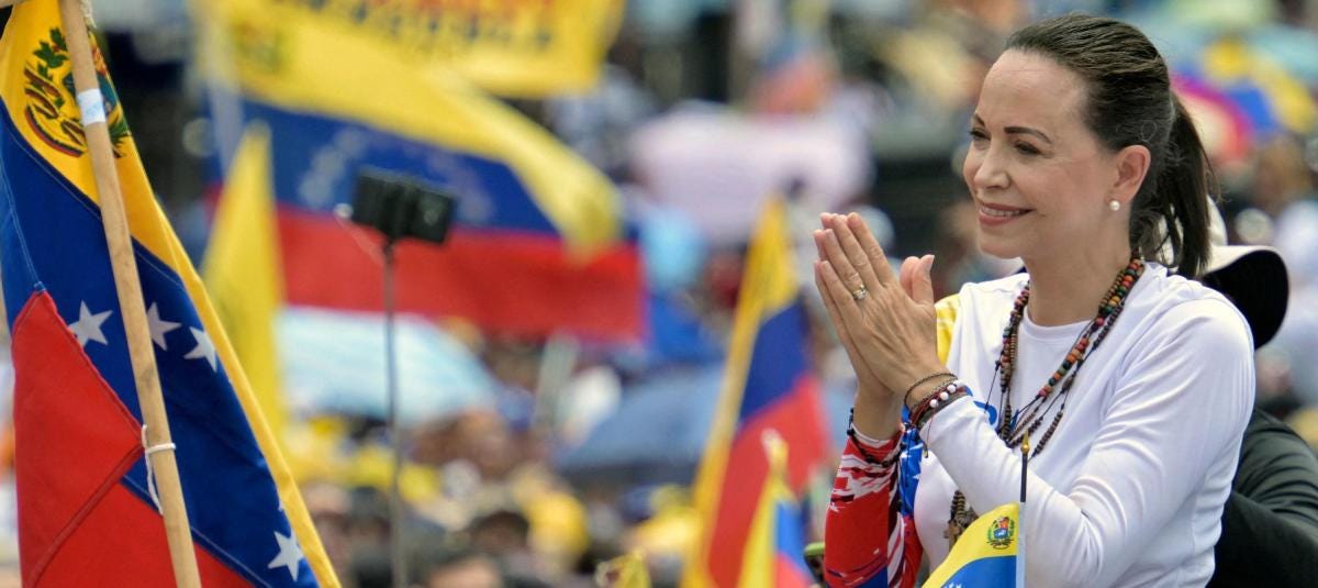 María Corina Machado en un mitin durante la campaña presidencial de Edmundo González, el 6 de julio, en Barinas (Venezuela).