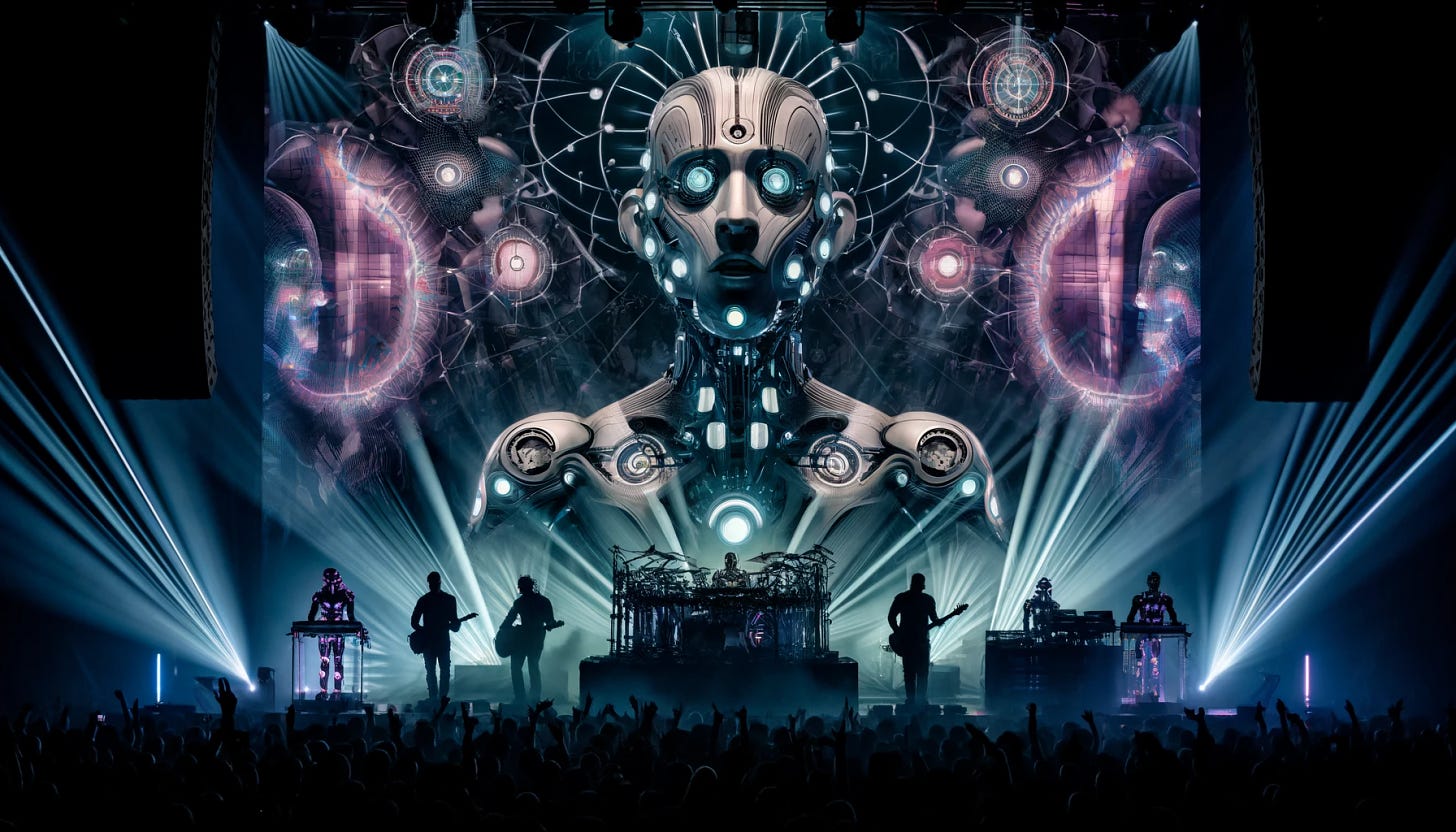 A progressive metal rock concert with visuals inspired by the band Tool, featuring AI robots as band members. The stage is lit with elaborate, surreal lighting, echoing Tool's distinctive visual style with complex geometric patterns and deep, moody colors. The robot band members are designed with sleek, metallic surfaces, intricate wiring, and glowing elements. The crowd is a mix of humans and robots, all captivated by the performance. The atmosphere is charged with a futuristic, otherworldly vibe.