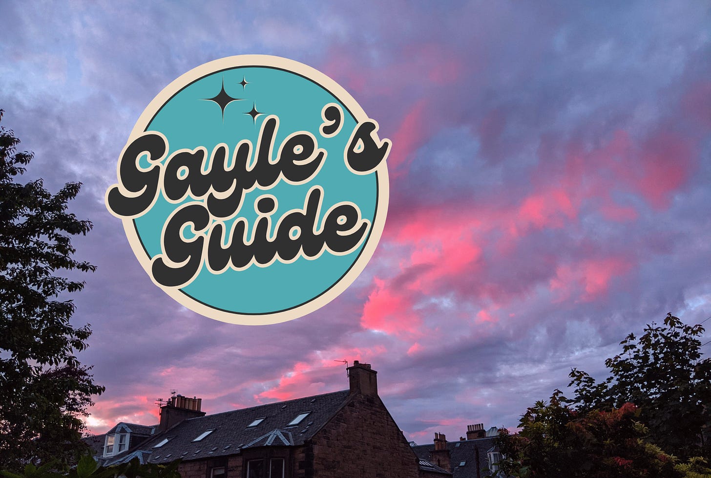 Pink and purple sky at sunset with Gayle's Guide Logo