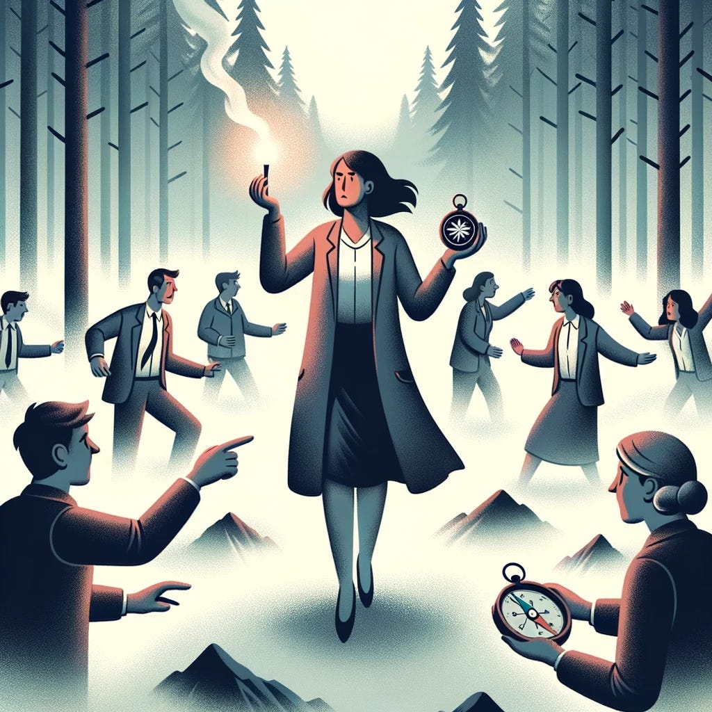 Illustration of a female leader in the midst of a dense foggy forest. Various people around her appear lost and argue with hand gestures. The leader, with a deep breath, holds a compass in one hand and a flare in the other, ready to illuminate a clear path forward, without any text or words.