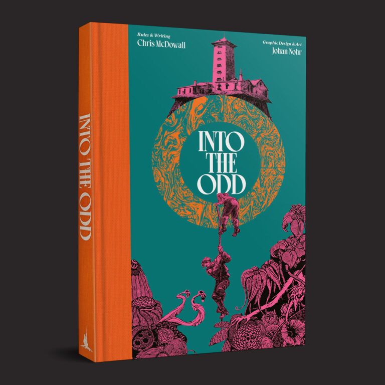 Hardcover of Into The Odd with orange spine and turquoise front, with pink and black illustrations.