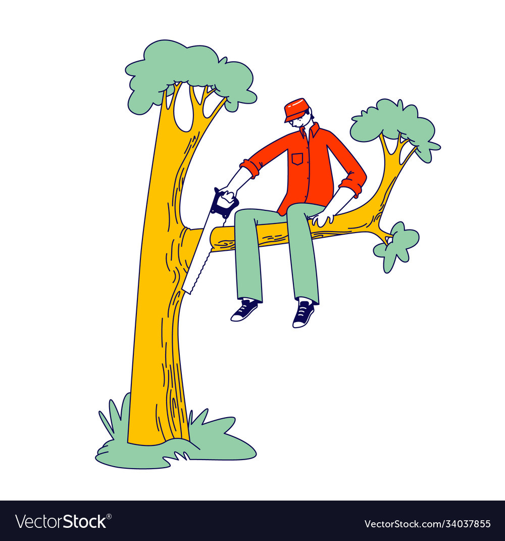 Stupid male character sawing off tree branch Vector Image