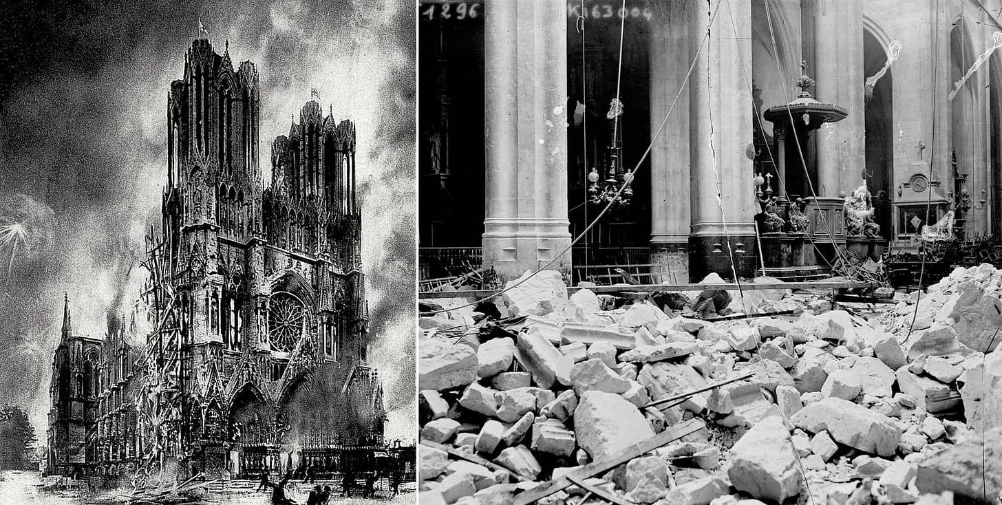 German bombing Reims cathedral and 1918 bombing Saint Gervais church near Notre Dame de Paris