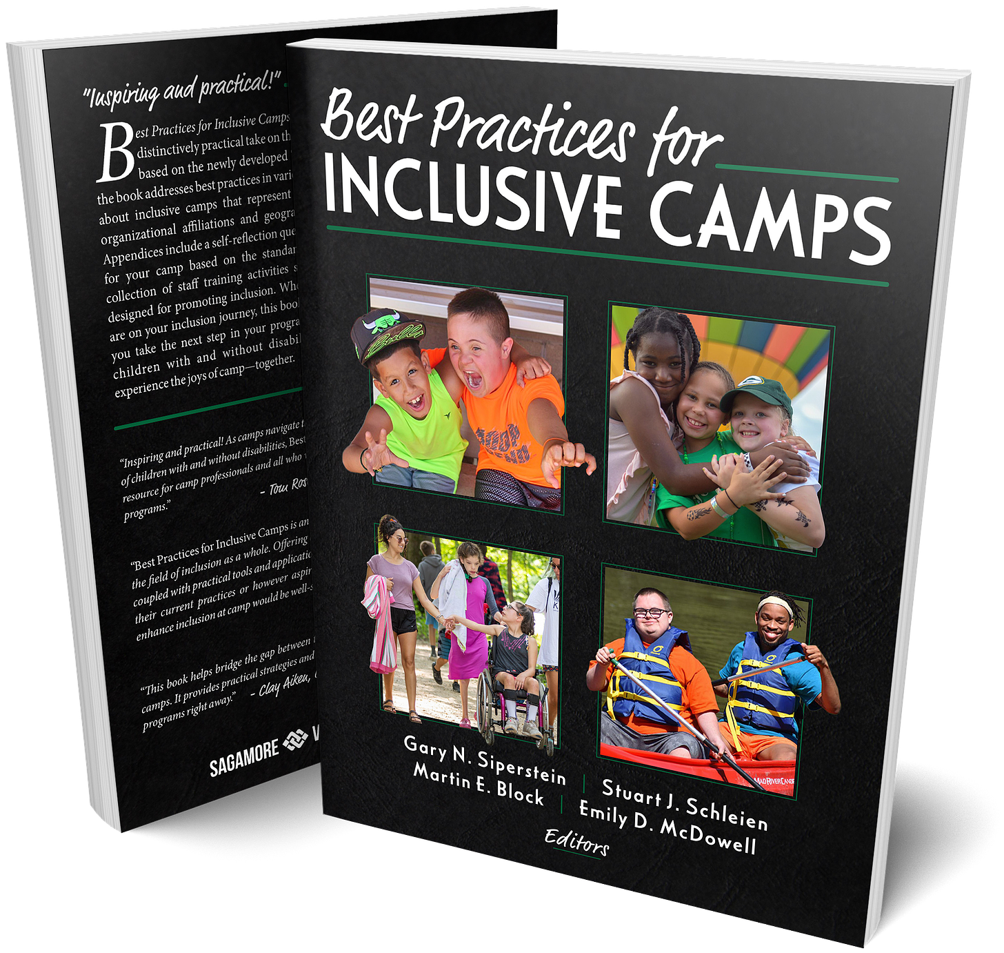 The cover of a new book 'Best Practices for Inclusive camps' features 4 photos of children at summer camp smiling and happy