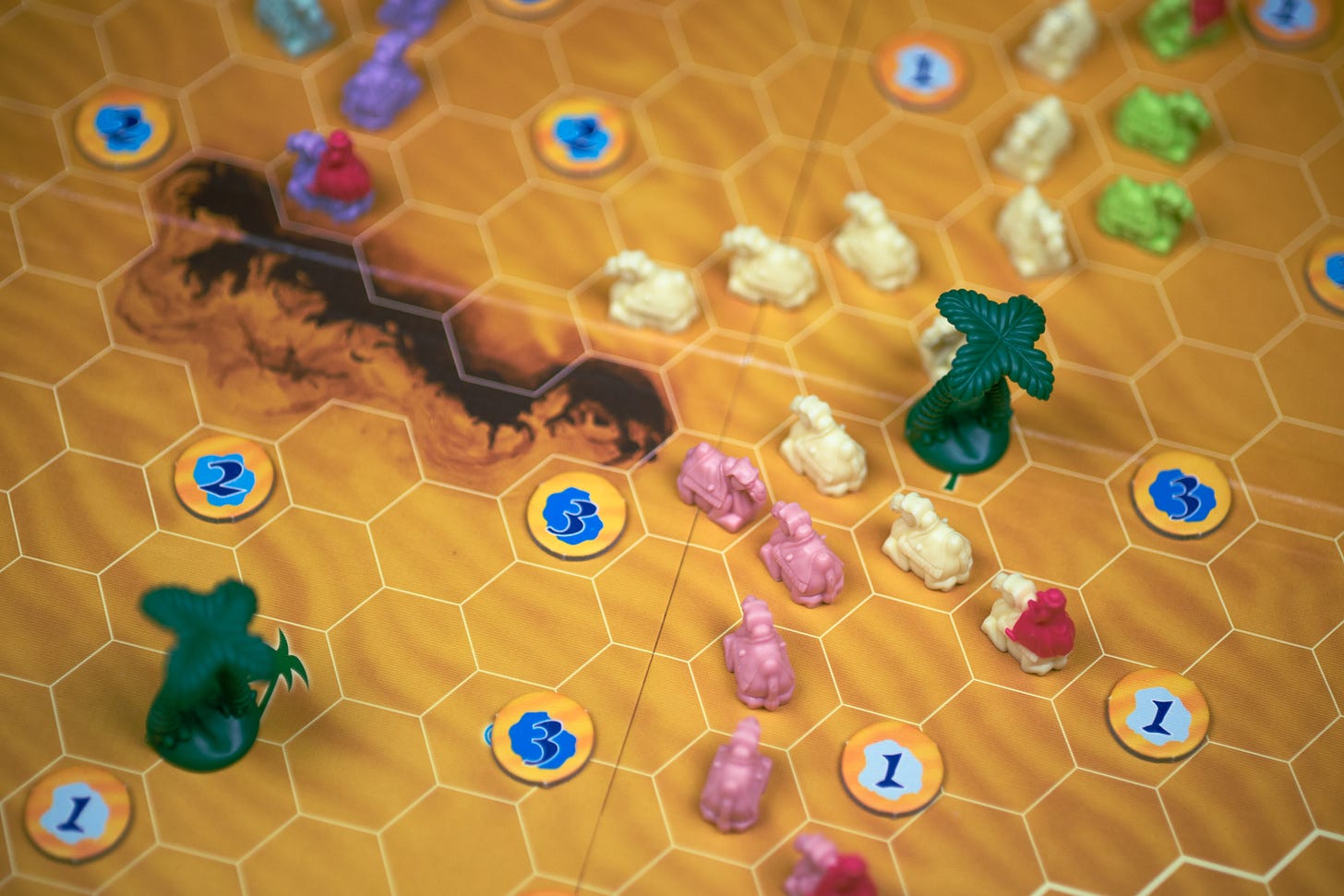 The board game Through the Desert, with pink, purple and yellow camel pieces visible.