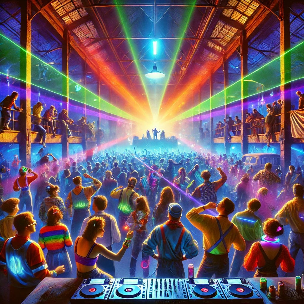 A vibrant and energetic image personifying the emergence of raves and Electronic Dance Music (EDM) in the 1990s. The scene is set in a massive warehouse or open outdoor space, filled with people dancing under colorful laser lights, strobes, and fog machines. The crowd is a mix of young, energetic individuals wearing 1990s rave attire, such as baggy clothes, glow sticks, neon accessories, and face paint. The DJ, positioned in the background, is silhouetted against a glowing wall of turntables, vinyl records, and digital mixing equipment. The atmosphere is electric, with a sense of unity, euphoria, and freedom conveyed through dynamic motion and lighting effects.