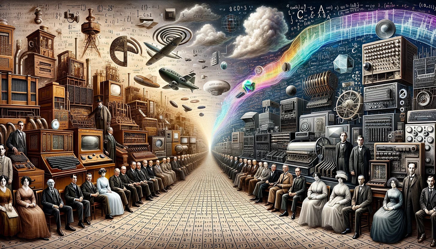 Panoramic digital painting of a vast timeline stretching from the 19th century to the present day. Beginning on the left, a sepia-toned sketch showcases Charles Babbage and Ada Lovelace with their Analytical Engine, accompanied by a floating mathematical algorithm. Transitioning to the 1930s and 40s, a black and white photograph-like segment features Alan Turing with his Bombe machine, surrounded by hand-drawn ciphers and a ghostly Enigma machine. Moving forward, a hand-painted representation of the ENIAC computer appears, flanked by grayscale images of its inventors, John Mauchly and J. Presper Eckert. The timeline continues with a colorful depiction of John von Neumann and the stored-program computer model, followed by Claude Shannon and a symbolic switching circuit diagram. As the image reaches modern times, it showcases key computers, the internet, and an abstract representation of cloud computing and AI, with the artistic style evolving to signify the progression of eras.