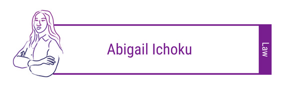 line art of woman with long wavy hair with arms crossed on the left in purple attached to a purple box that says: Abigail Ichoku (Law)