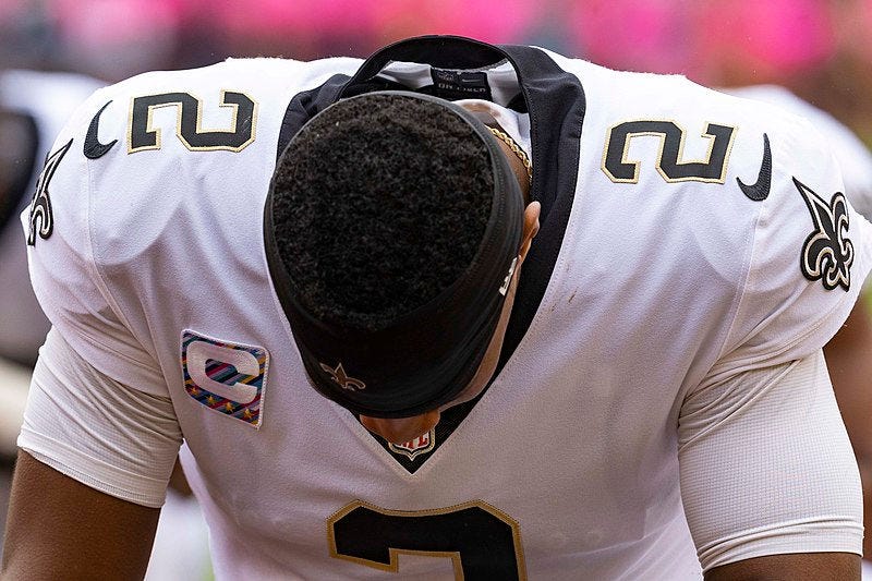 Jameis Winston, New Orleans Saints quarterback looking down. (October 10, 2021)