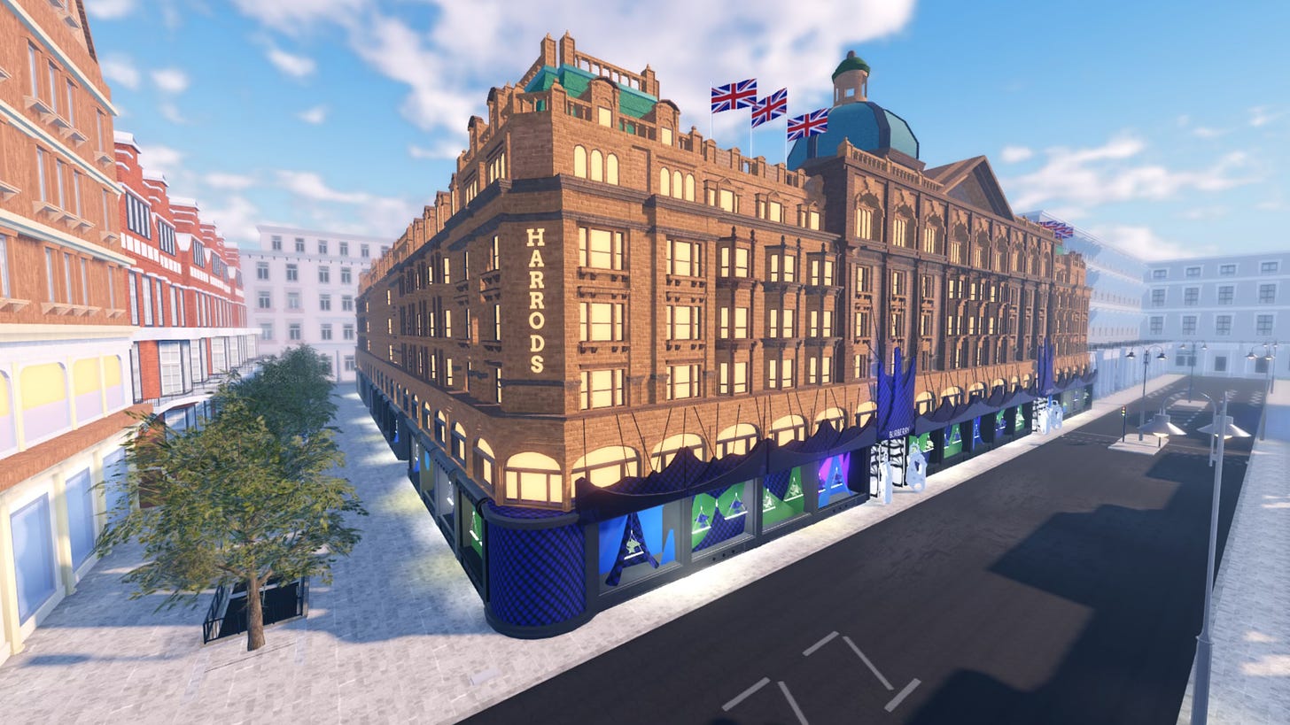 The exterior of the Harrods store in the Burberry at Harrods Roblox experience