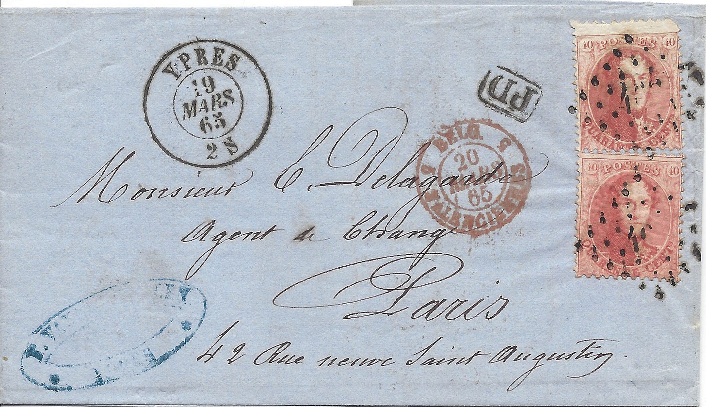 1865 folded letter from Belgium to France