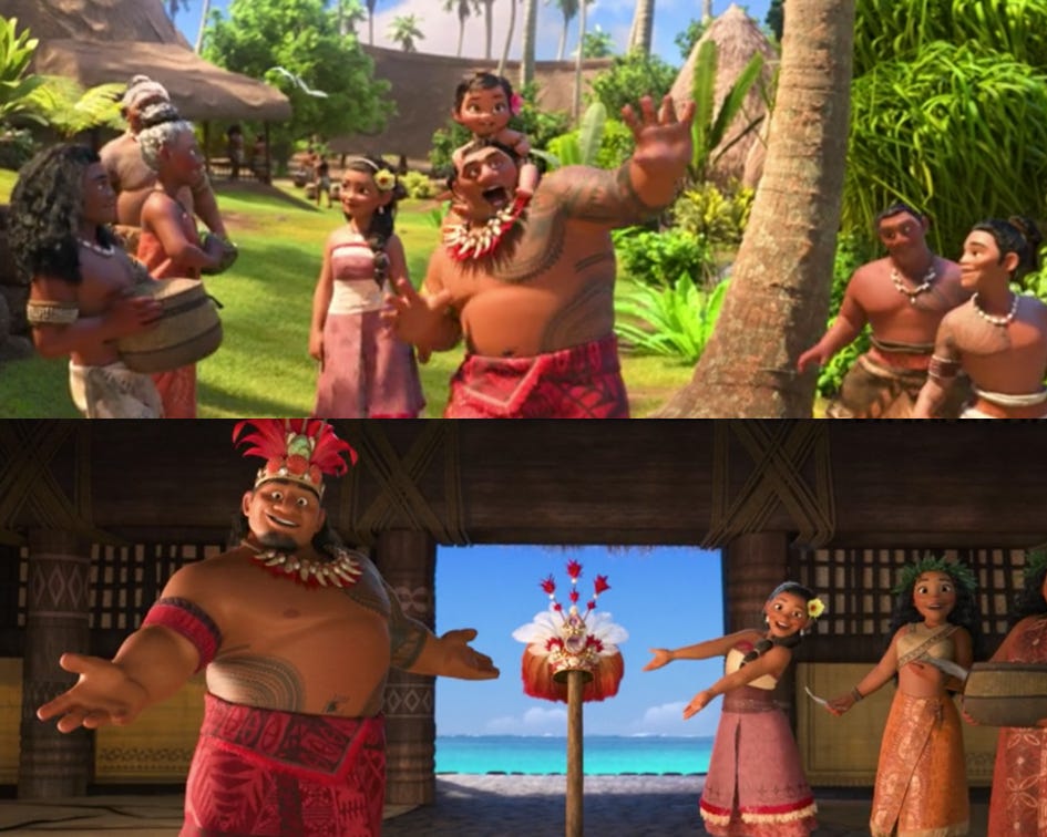 Two images of Chief Tui from the musical montage of "Where You Are." Moana. Disney. 2016.