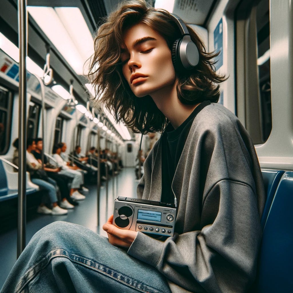 Person listening to music on portable CD player