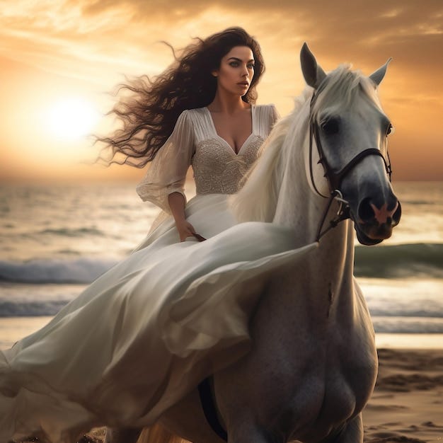 Premium Photo | A woman in a white dress is riding a white horse on the  beach