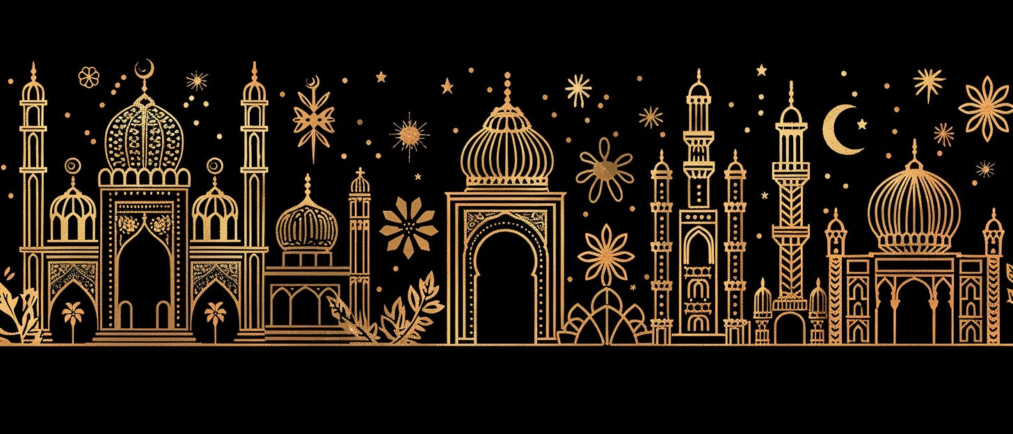 An intricate gold illustration of various mosque structures and minarets set against a black background, adorned with crescent moons, stars, and floral patterns.