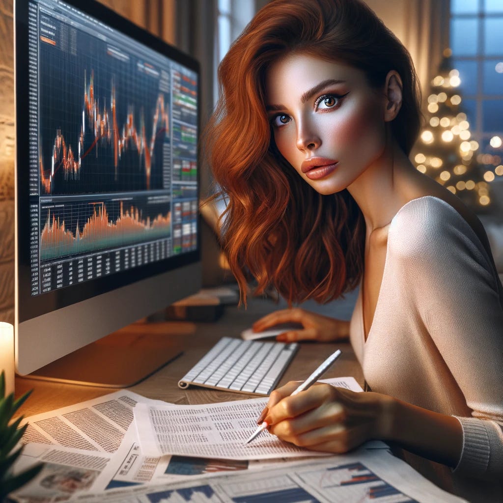 A beautiful woman with auburn hair is depicted sitting in front of a computer, her eyes focused intently on the screen which displays various stock charts and financial data. The scene is set in a cozy, well-lit home office environment, suggesting a serene and productive atmosphere. She is taking notes, surrounded by financial newspapers and reports, illustrating her thorough preparation for the upcoming earnings season. Her expression is one of concentration and determination, showcasing her dedication to making informed investment decisions.