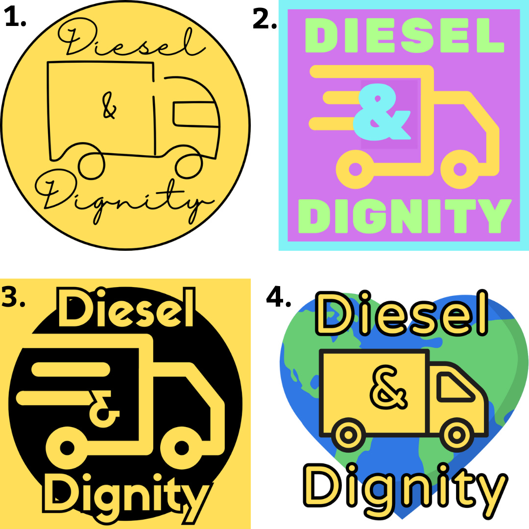 four different logos, each containing some stylized form of a yellow truck and the words Diesel & Dignity