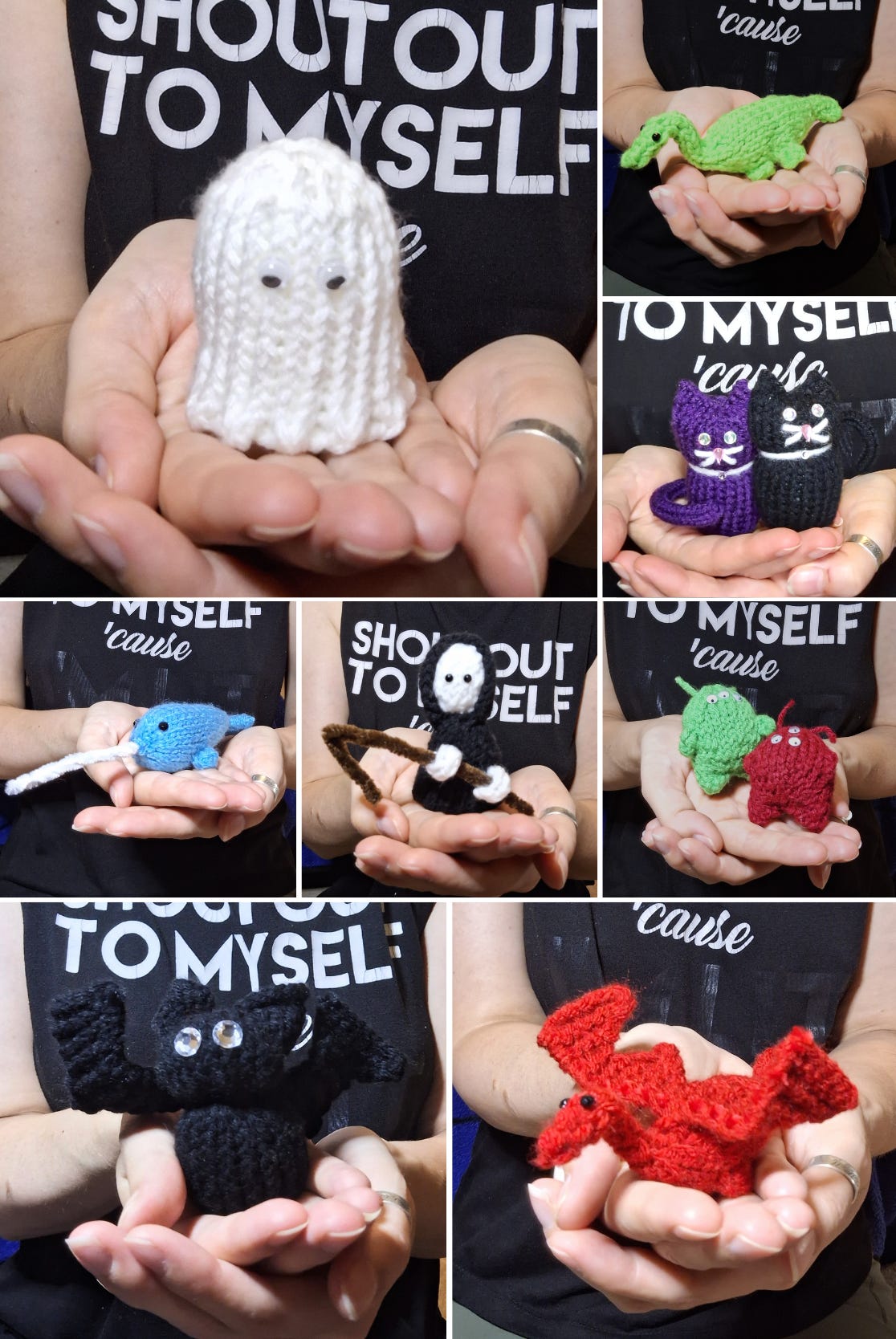 Image of knitted bats, cats, ghosts, dragons, loch ness monsters, and aliens
