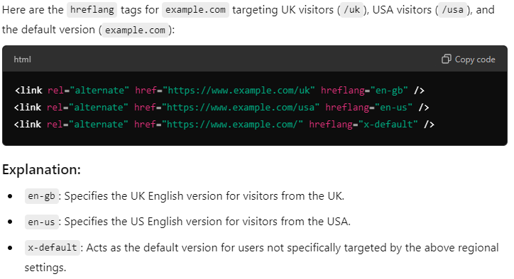 ChatGPT creating hreflang tags for three English speaking properties (UK, USA and AU) for example.com