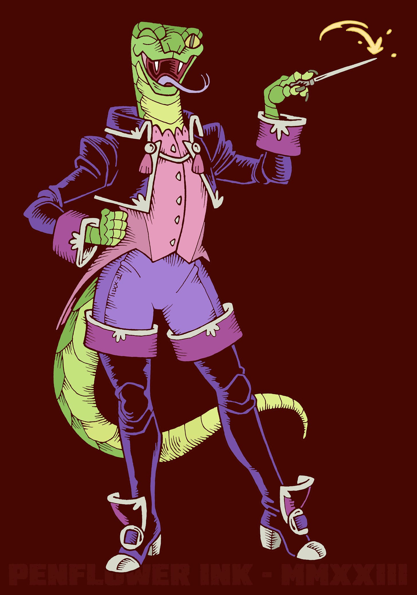 Traditionally hand drawn and digitally coloured illustration of a female snake-person, with green scales, fangs and a long tail. She is wearing a fancy stage magician outfit, with purple jacket and thigh-high boots with silver trim, over a pink waist-coat and purple leggings. She is smiling and winking while waving a magic wand.